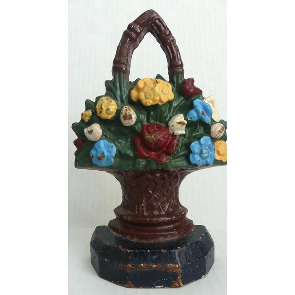 Vintage Cast Iron Flower Basket Doorstop Stamped Victorian Cottage Decor - Picture 2 of 9